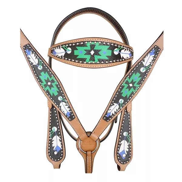 HILASON Western Horse Leather Headstall & Breast Collar Tack Set Geometry Feather