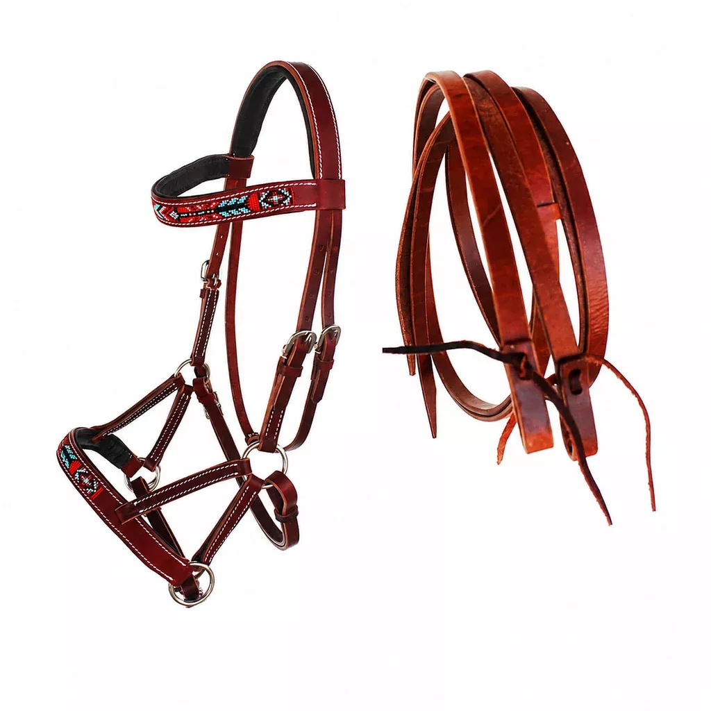 Horse Brown Leather Beaded Bitless Padded Sidepull Bridle w/ Reins 77RS17