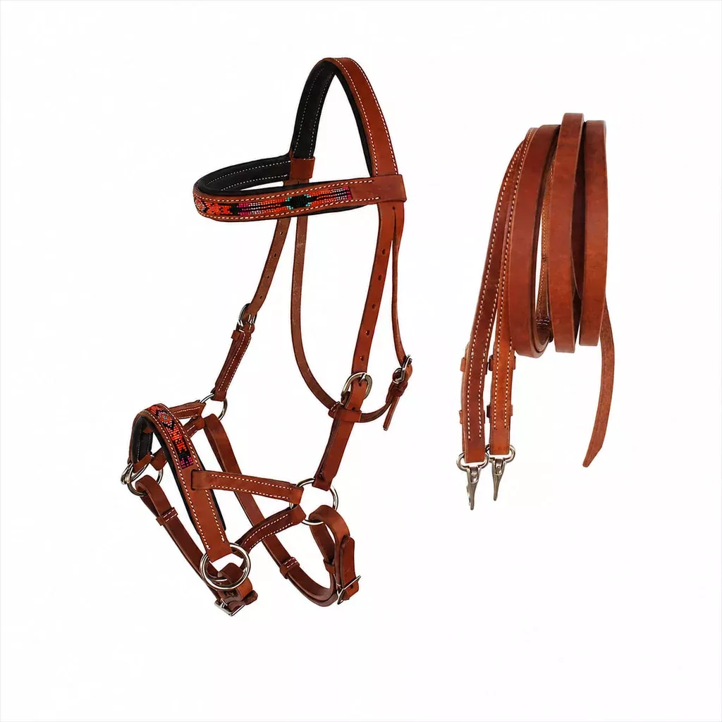 Horse Western Padded Leather Beaded Bitless Sidepull Bridle 77RT19TN-F