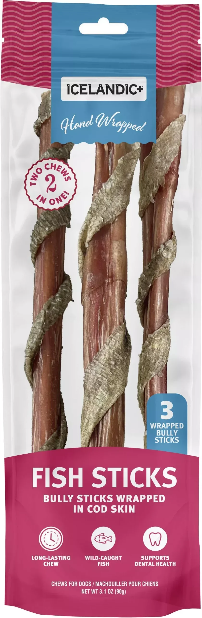 Icelandic+ Bully Stick Wrapped with Fish Skin Beef 12 in 3 Pack
