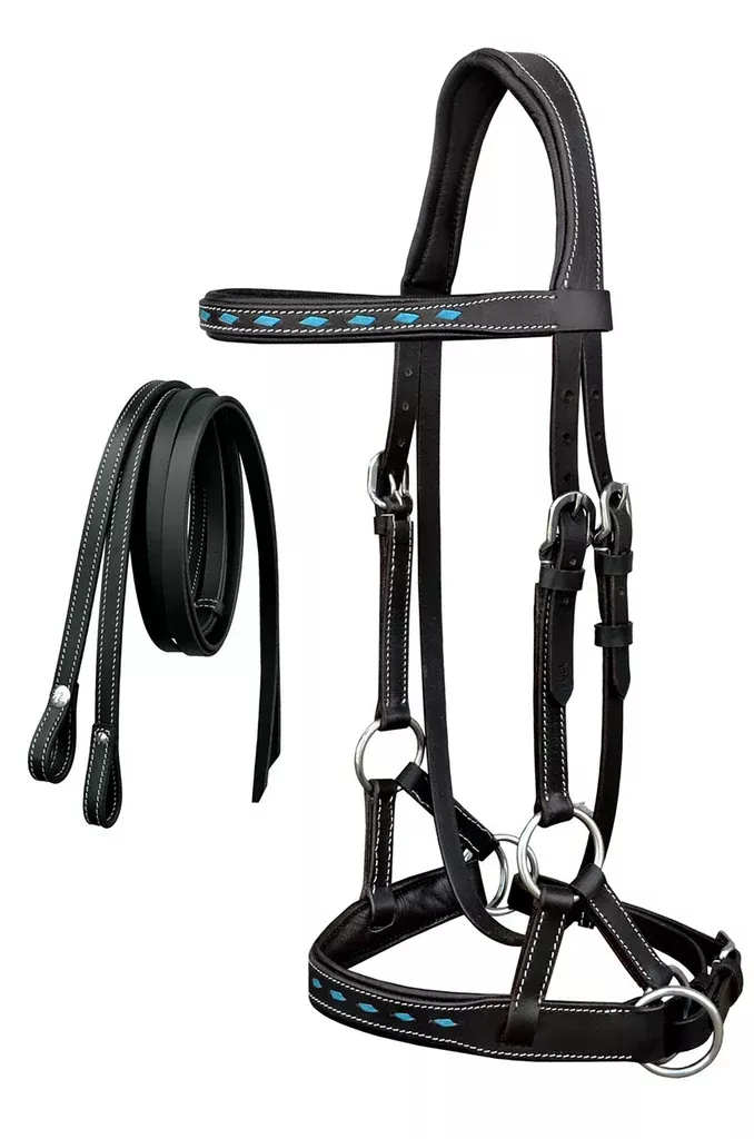 Leather Turquoise BuckStitch Bitless Sidepull Bridle Reins 7714