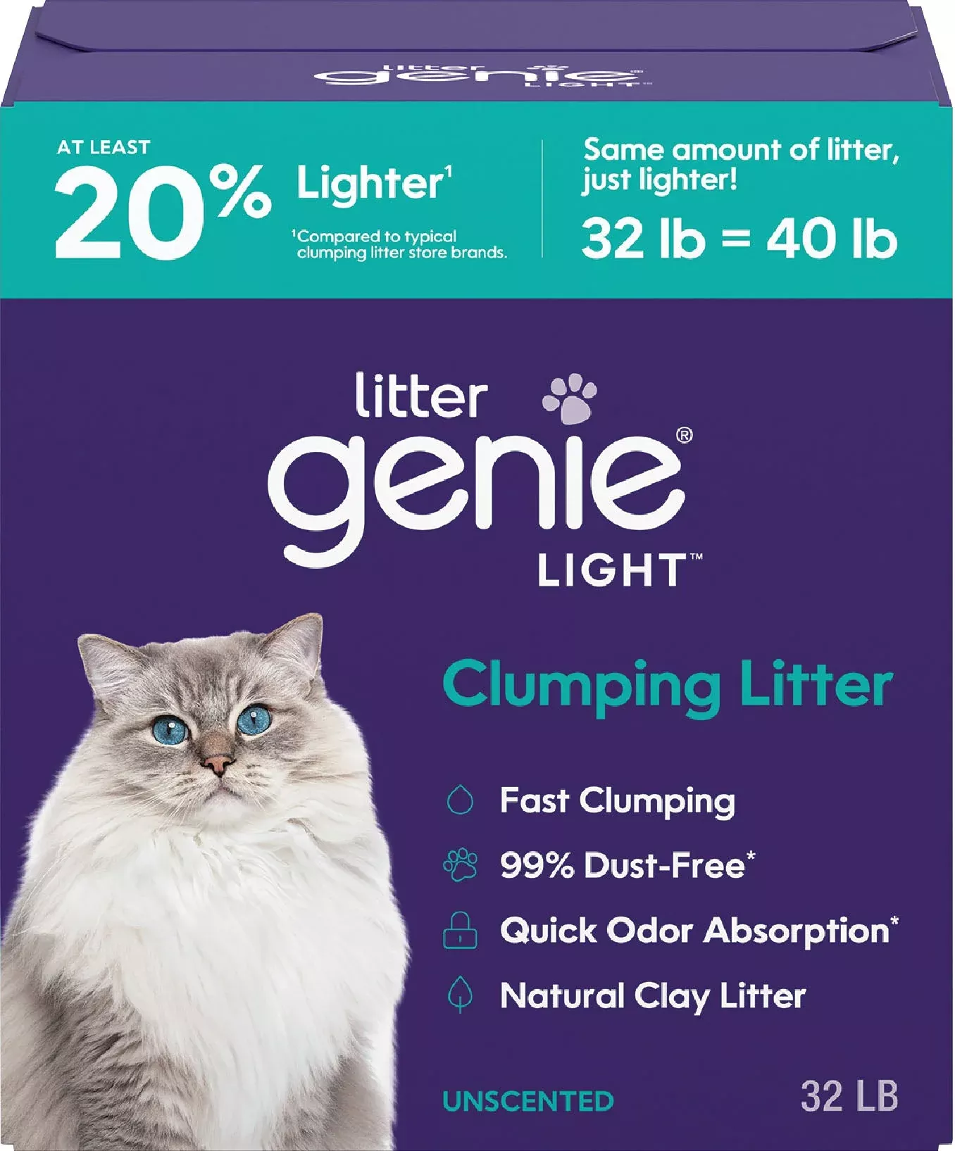 Litter Genie Light Clumping Clay Cat Litter, Unscented, 32 lb