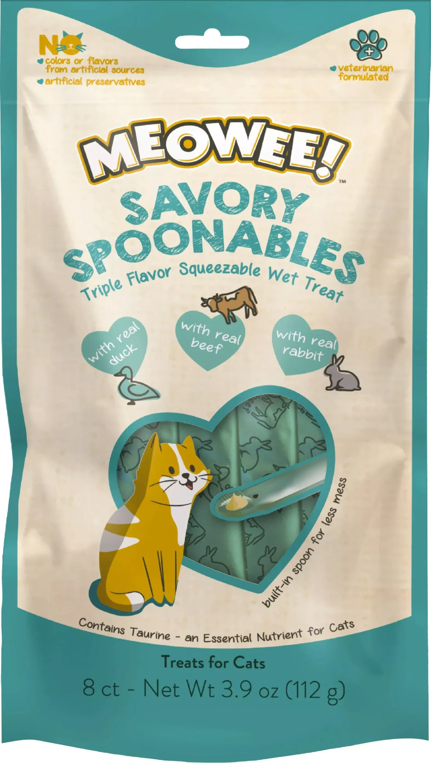 Meowee! Savory Spoonables Squeezable Wet Cat Treats Duck, Beef & Rabbit 8 Count