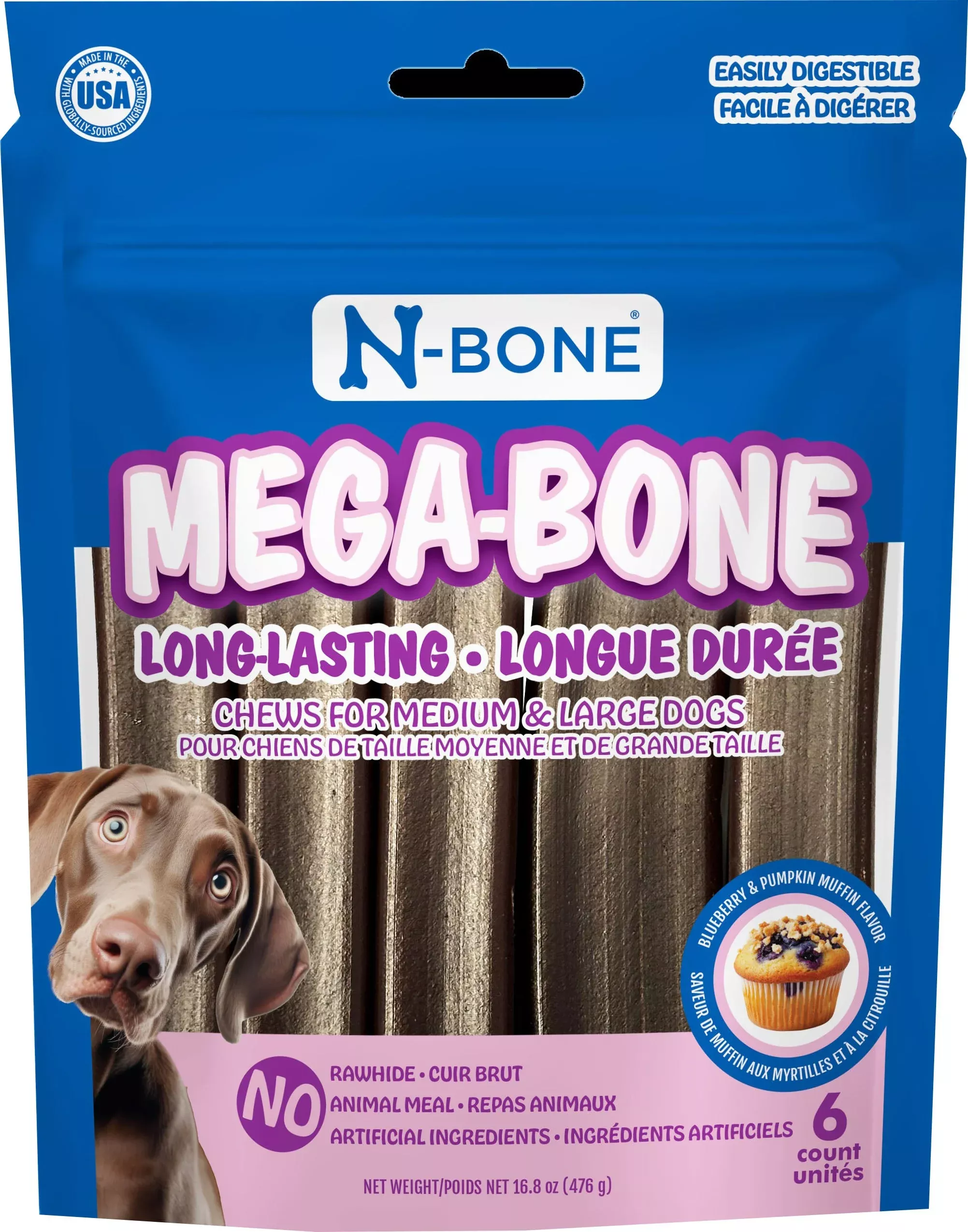 N-Bone Mega Bone Dog Chew, Blueberry/Pumpkin, 6 Count