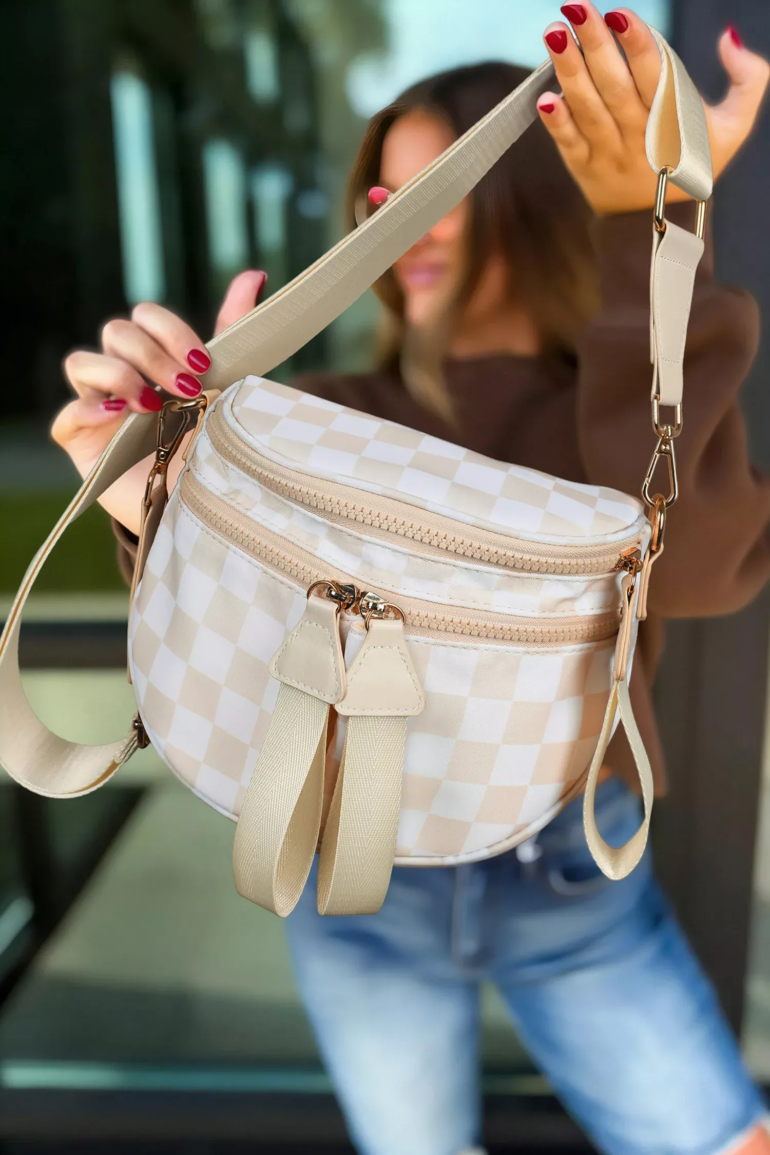 Oatmeal Canvas Checkerboard Pattern 27cm Compact Crossbody Bag