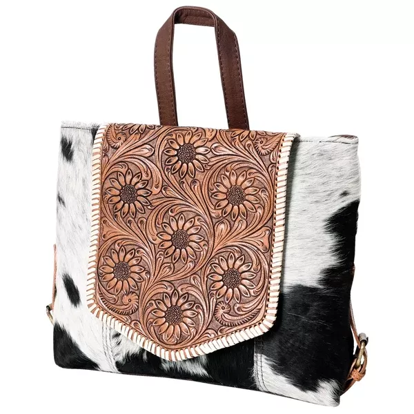 OHLAY Backpack Hand Tooled Hair-On Genuine Leather Women Bag Western Handbag Purse