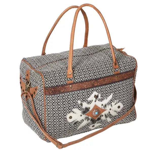 OHLAY Duffel Hand Tooled Upcycled Canvas Hair-On Genuine Leather Women Bag Western Handbag Purse