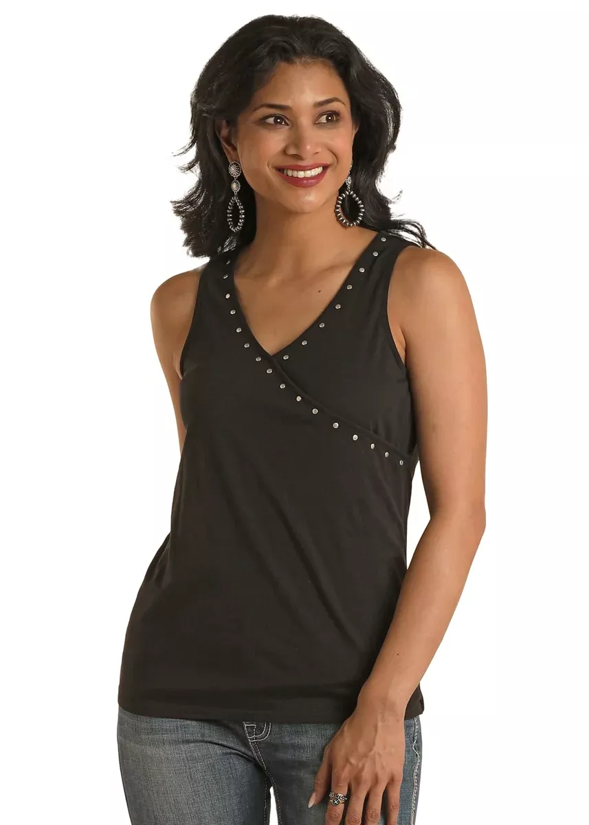 Panhandle Studded Surplice Black Tank LW20T03414