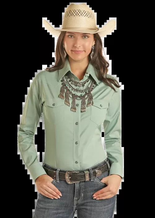 Panhandle Women's Solid Poplin Snap Shirt Aqua PWN2S03154