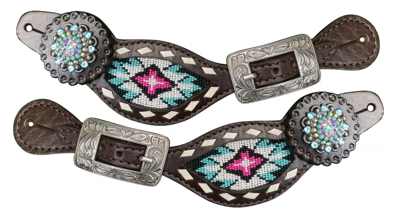 Pink and Teal Beaded Ladies Spur Straps with bling conchos