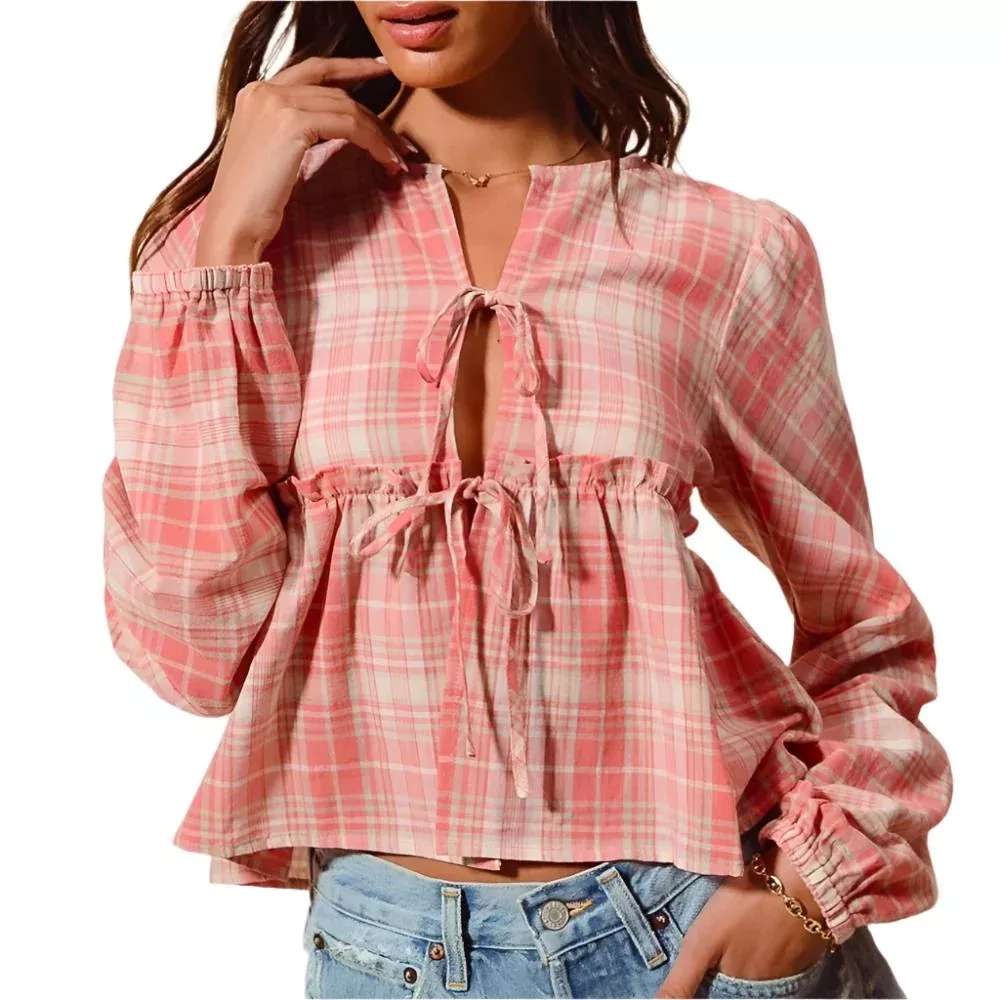 Plaid Front Tie Blouse - FINAL SALE