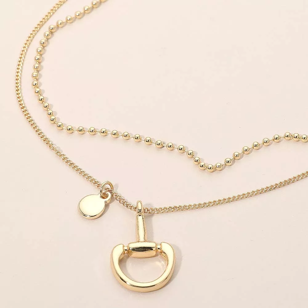 Polished Horsebit Disc Charm Beaded Chain Layered Necklace