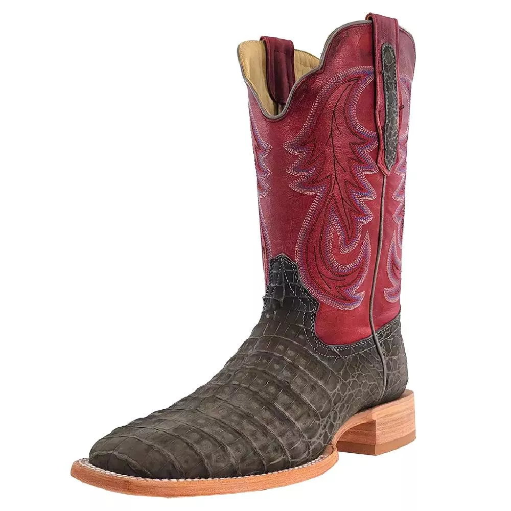 R. Watson Men's Nubuck Charcoal Caiman Belly Square Toe Boot