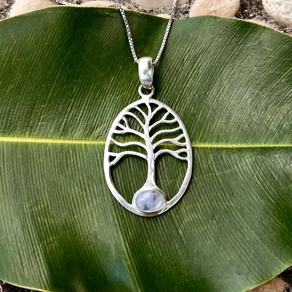 Rainbow Moonstone Tree Of Life Necklace - Sterling Silver, Indonesia