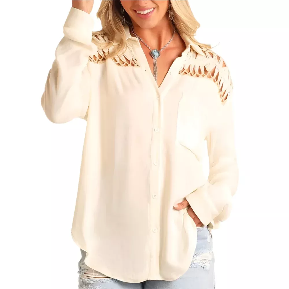 Rock & Roll Denim Women's Crochet Yoke Button Shirt