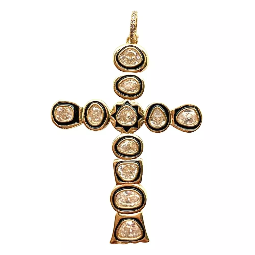 Rose Cut CZ Black Enamel Cross Pendent