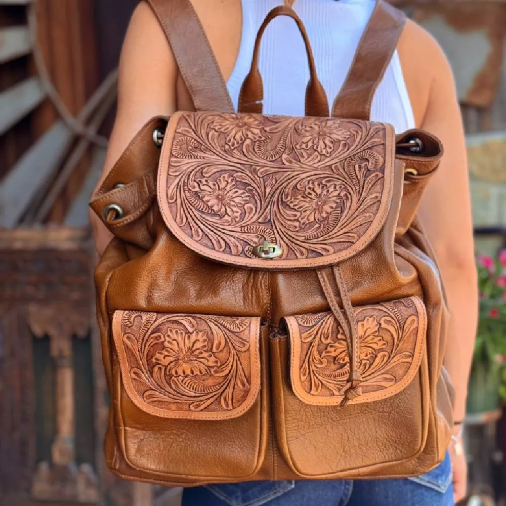 Scout Leather Co, Ada Tan Tooled Two Pocket Backpack - FINAL SALE