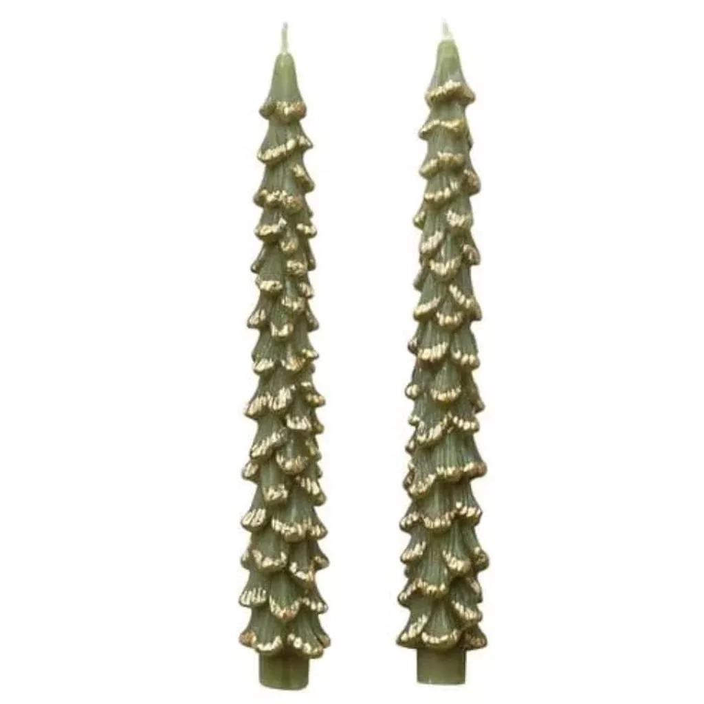 Set of 2 Unscented Tree Shaped Taper Candles - Evergreen/Gold