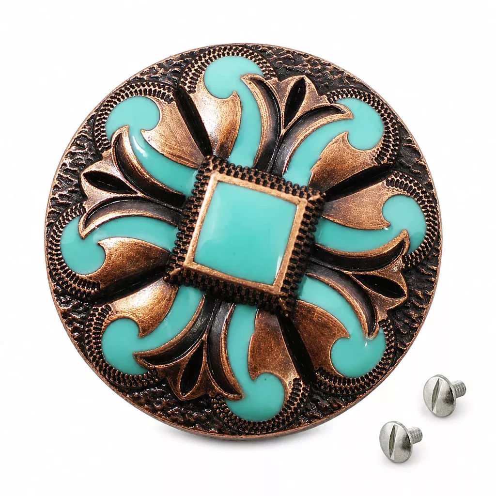 Set of 4 Conchos Western Tack 1" Copper Engraved Turquoise Screw Back Co568A
