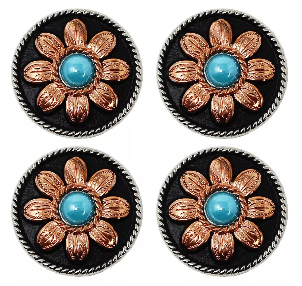 Set of 4 Screw Back Copper Flower Engraved Conchos w/ Turquoise Stone CO546