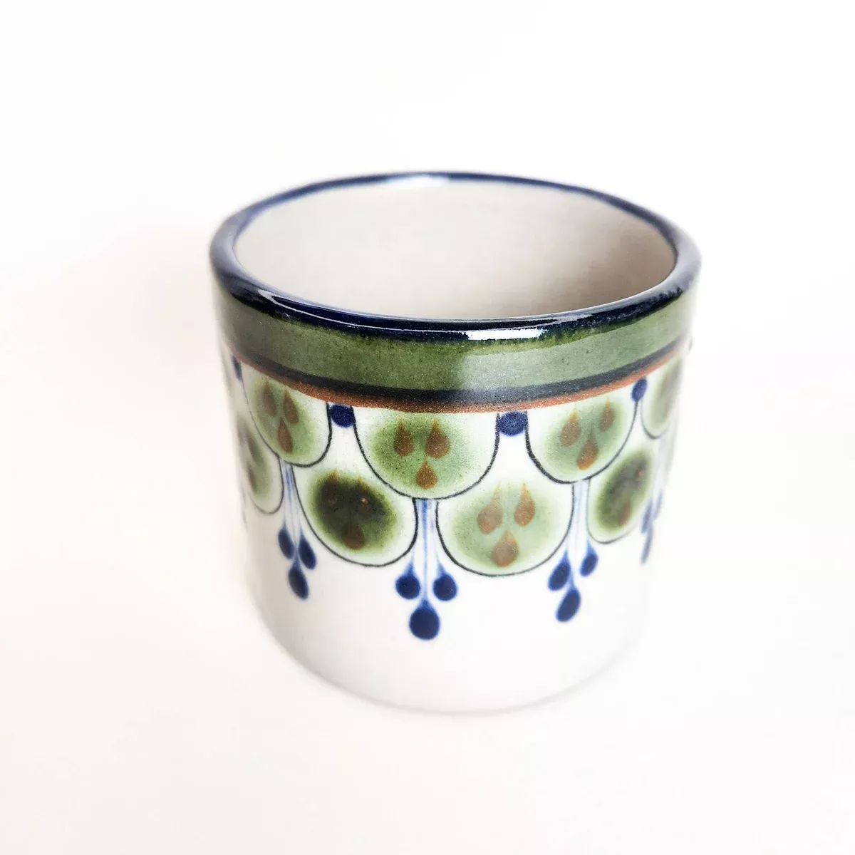 Short Guatemalan Stoneware Cup: Green w/ Blue