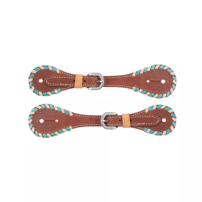 Showman Ladies Argentina Cow Leather Spur Strap with White and Teal Rawhide