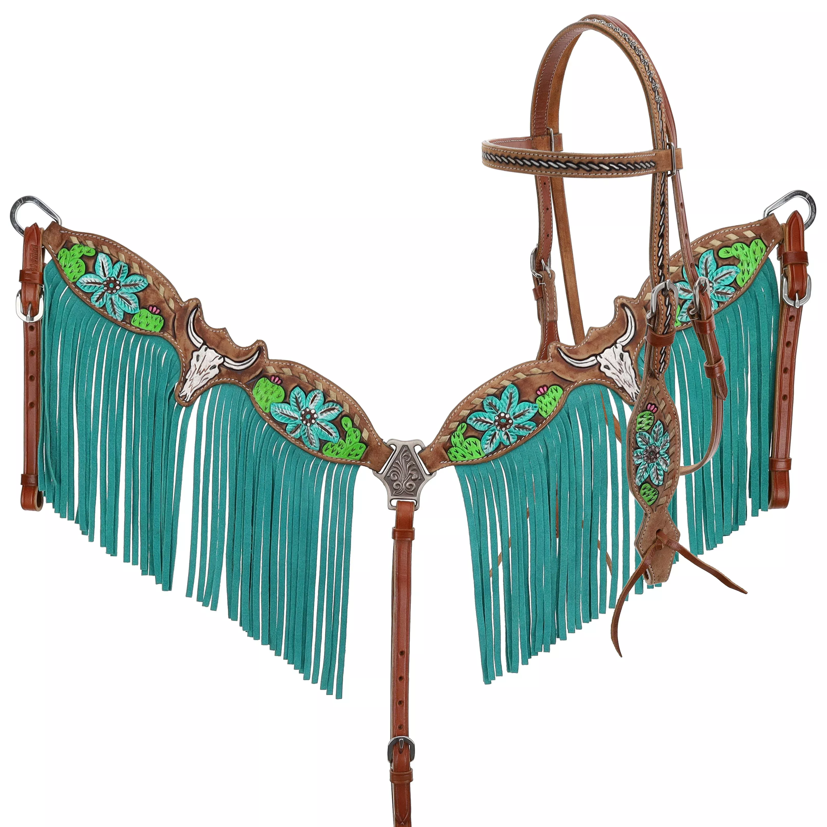 Showman Steer Skull and Cactus Browband Headstall and Breastcollar Set