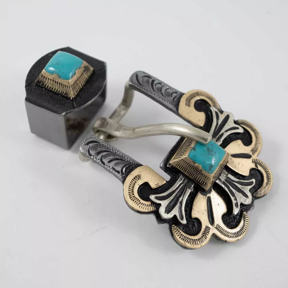 Silver And Gold Cross Buckle With Turquoise Stone And Keeper
