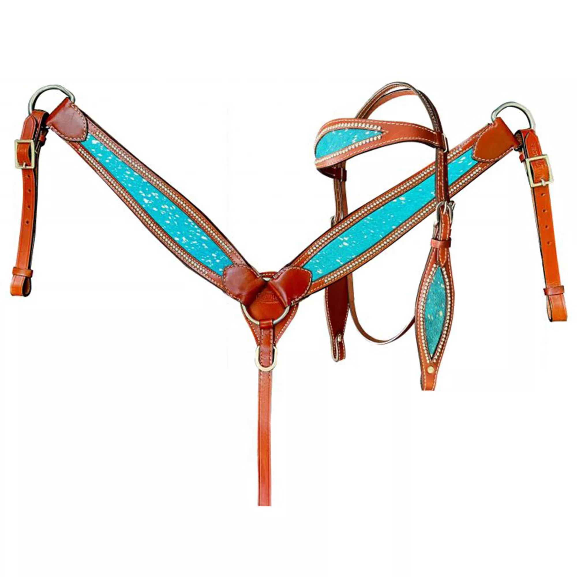 Teal Acid Wash Cowhide InlayHeadstall and Breastcollar Tack Set