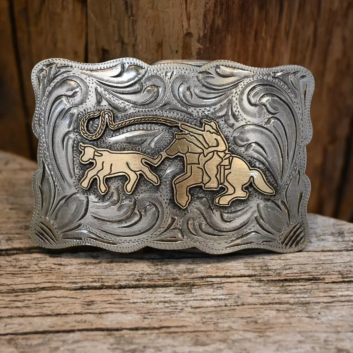 Teskey's Two-Tone Engraved Calf Roper Buckle