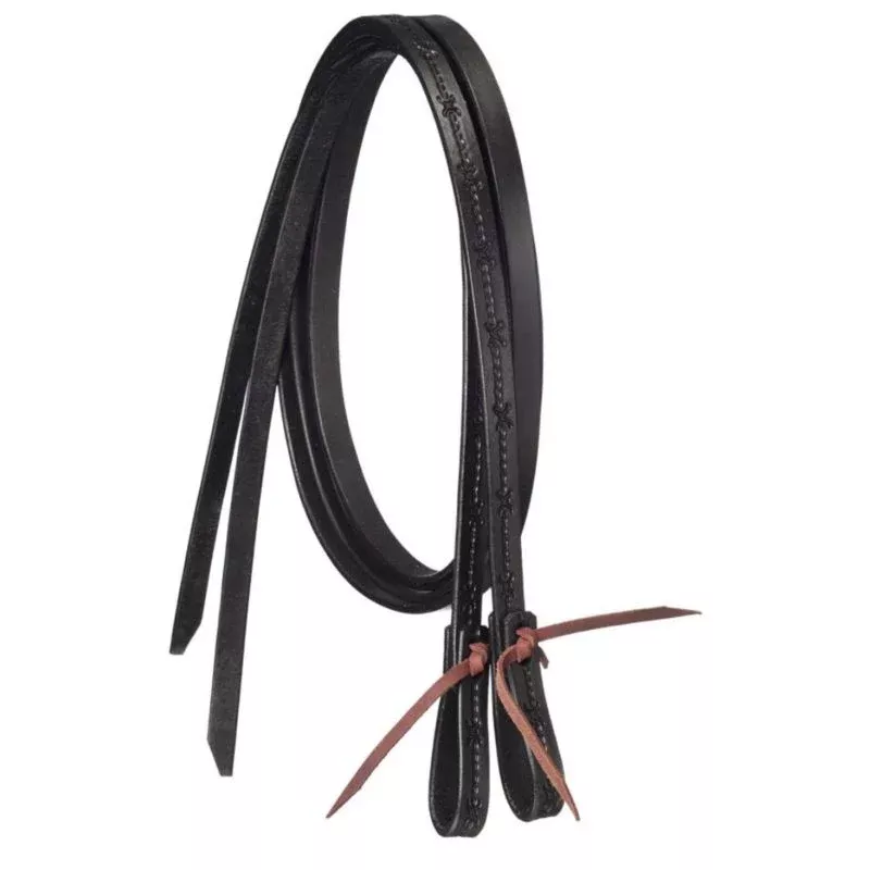 Tough1 Premium Leather Split Reins - Barbed Wire Tooled