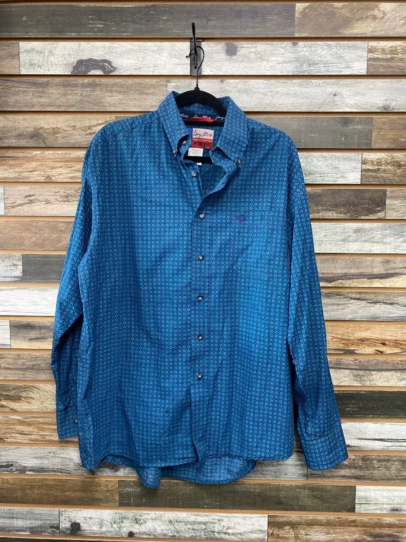 USED Wrangler Western Tops Large Royal/Teal Blue Patterned