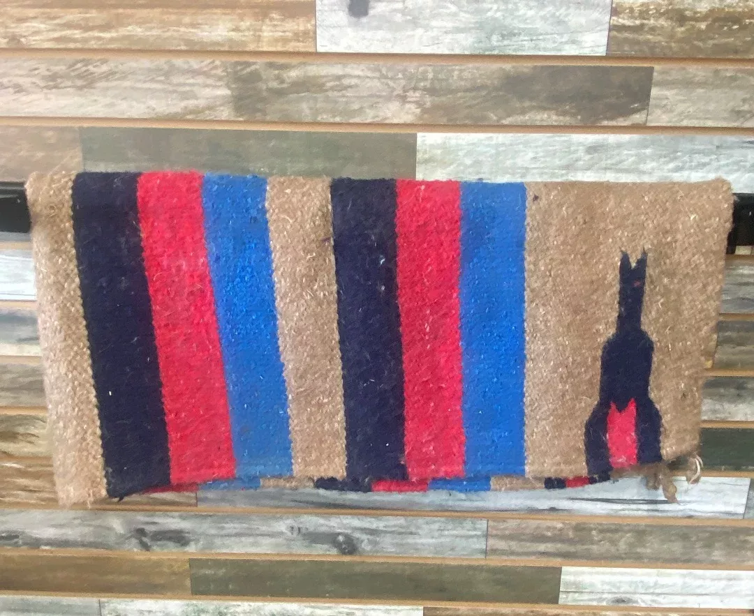USEDWool Saddle Blanket 30" x30" Tan, Red, Navy Blue, Blue