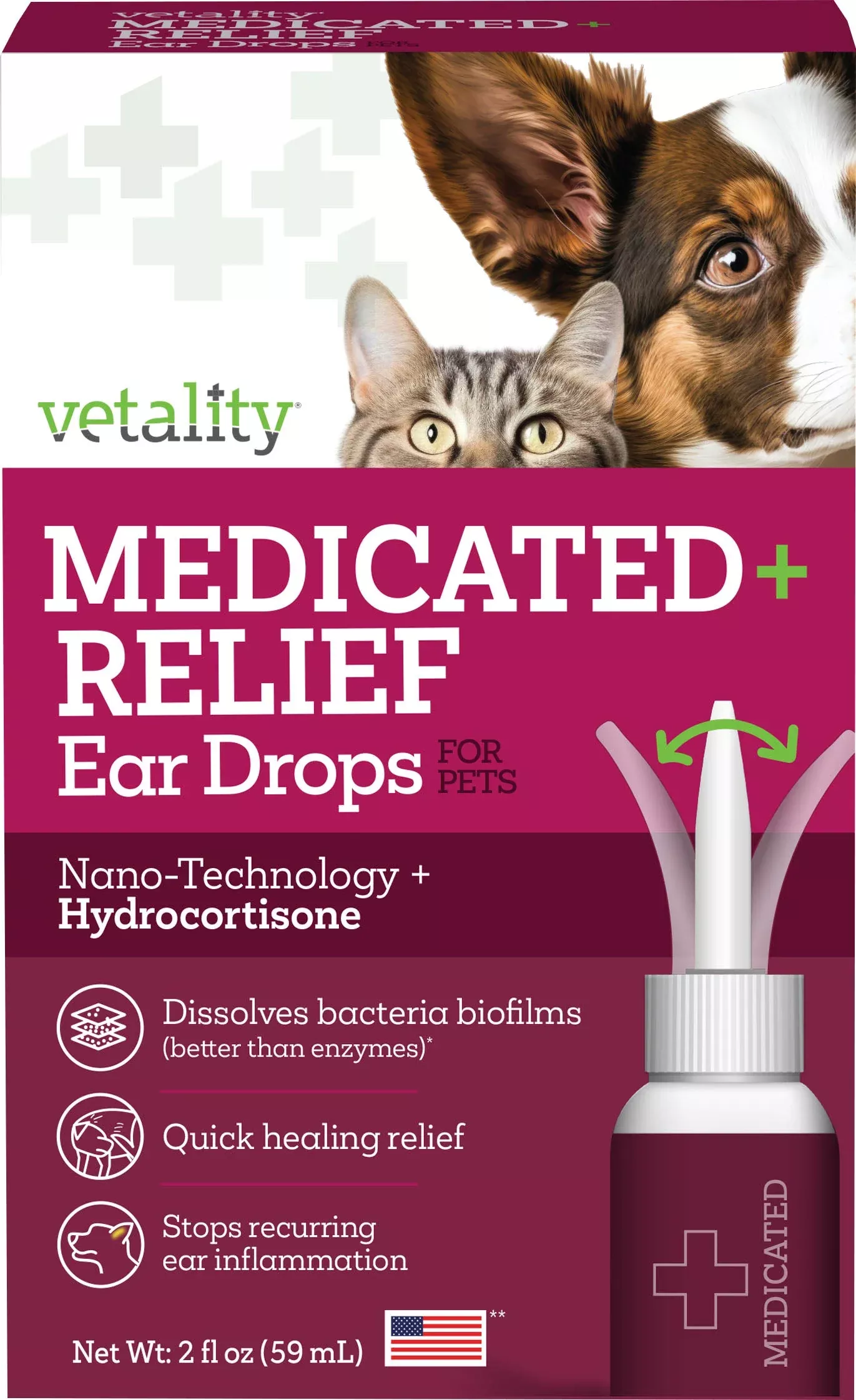 Vetality Medicated Relief Ear Drops for Pets, 2 oz
