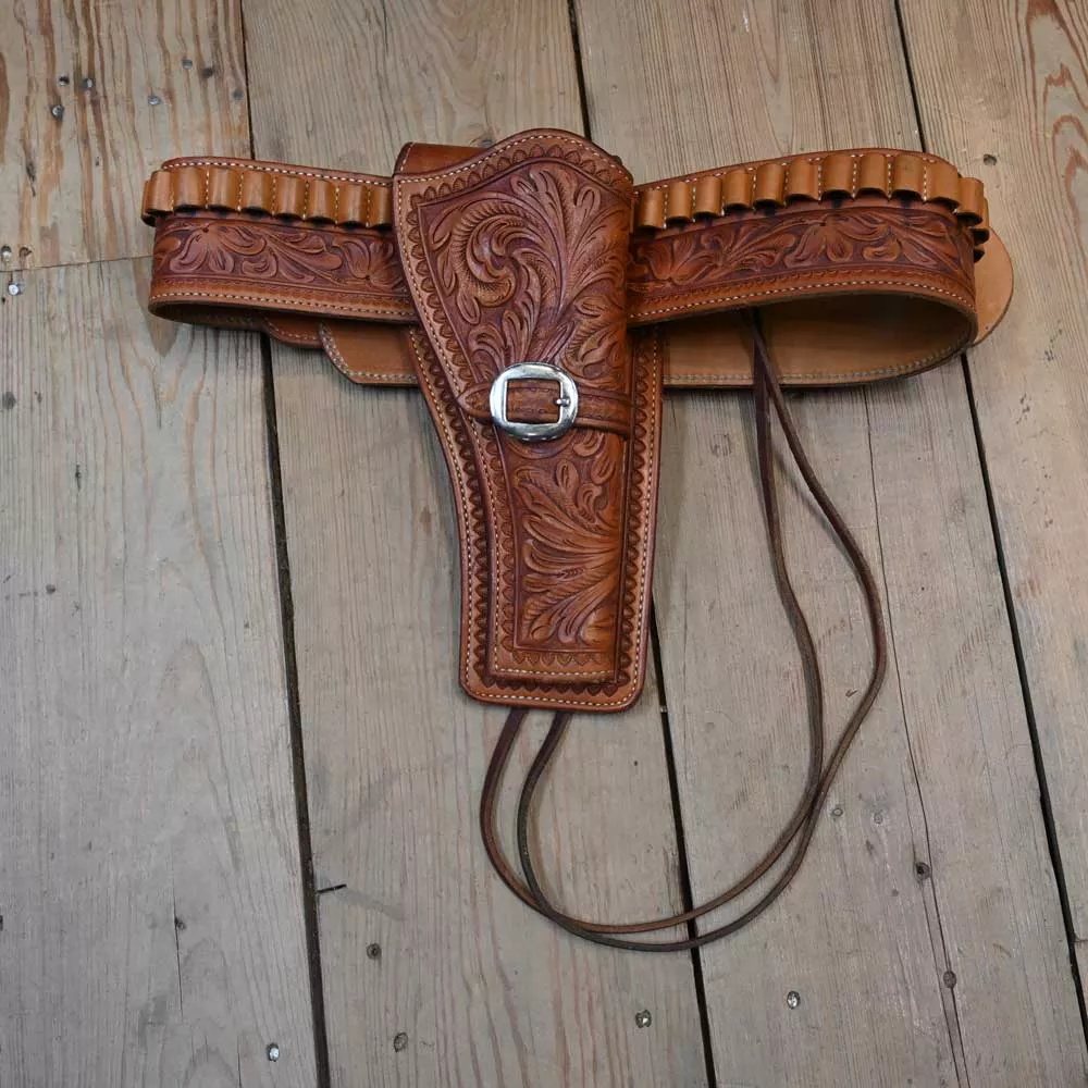 Vintage Fully Tooled Single Holster and Ammo Belt with leg strap