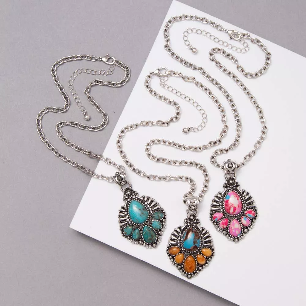 Western Hand Stone Teardrop Concho Necklace
