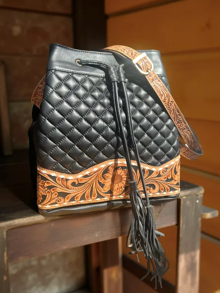 Western Tooled Quilted Leather Black Bucket Bag Handbag