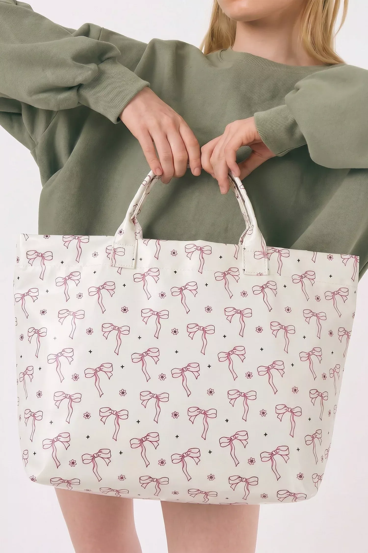 White Sweet Bow Flower Printed Sleek Vilnyl Tote Bag