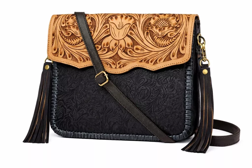 Women's Cowhide Western Floral Embosed Leather Shoulder Purse Handbag 18RSH06